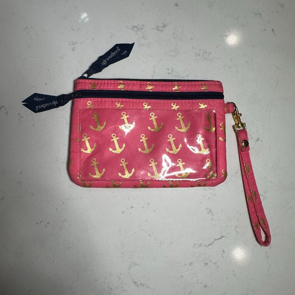 Simply Southern wristlet nautical themed pink with gold anchors